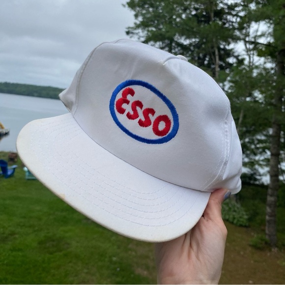 Vintage Esso Headline Headwear AJM Gas Oil Gasoline White Hat Patch Trucker - Picture 1 of 9